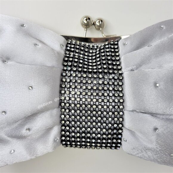 Silver Satin Glitter Evening Purse With Large Bow and Rhinestone Studded Accent - Picture 3 of 12
